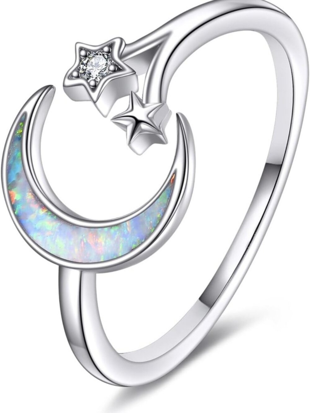 Celestial Opal Crescent Moon Star Ring - 925 Sterling Silver Adjustable Jewelry